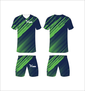 Conjunto de Uniforme de Fútbol Sublimado Personalizado, Azul Marino y Verde con Patrón de Pinceladas, Transpirable y de Secado Rápido, para Hombres y Niños - Product Image 1