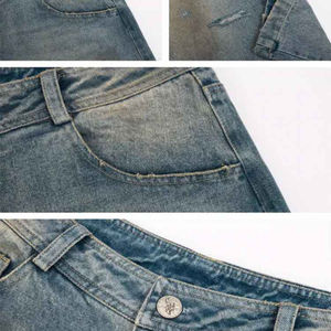 Pantalones Vaqueros Personalizados al por Mayor para Hombre, Diseño Bicolor con Empalmes, Estilo Vintage Oscuro Desgastado, Ecológicos, de Cintura Media, Pierna Ancha, Estilo Urbano, 100% - Product Image 5