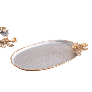 Plateau de service en métal en gros avec poignées dorées et accents en pierre, plateau décoratif de luxe avec poignées en branches dorées et pierres roses - Product Image 3