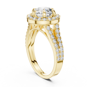 Anillo de Compromiso de Lujo con Diamante Redondo Dorado, Diamante Creado en Laboratorio con Tallo Dividido y Engaste Doble Pavé, Elegante Joyería Nupcial - Product Image 1