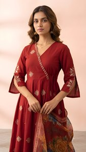 Vestido Anarkali Rojo Bordado para Mujer, Cuello en V, Corte en A, Formal, Diario, Informal, con Chal Floral, Cintura Natural, Absorbe la Humedad - Product Image 5