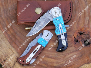 Couteau pliant multifonction en acier Damas de qualité industrielle, manche en pierre turquoise et époxy noir, lame à pointe tombante, ouverture coulissante - Product Image 2