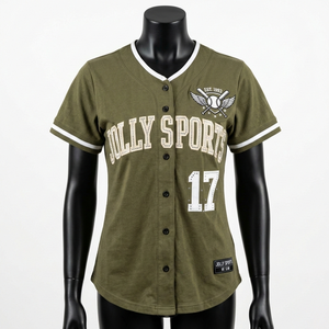 Camiseta de Béisbol para Mujer, Mezcla de Algodón y Poliéster Premium, Verde Oliva y Blanco, Logotipo Bordado Personalizado, Camiseta de Béisbol de Algodón para Mujer - Product Image 1