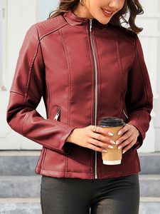 Veste de moto en similicuir pour femme, col montant, coupe ajustée, manteau bomber en PU, vente en gros OEM - Product Image 2