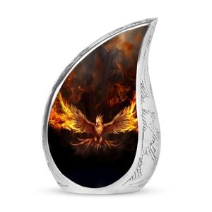 Urne funéraire en argent gravée à la main en forme de goutte d'eau pour cendres humaines, avec motif Phénix rebaissement des flammes - Product Image 1