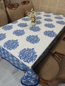 Stylish Hand-Block Printed Indigo Blue Floral Cotton Tablecloth Artisanal Jaipuri Dining <b>Table</b> <b>Cover</b> Home Party Decor - Product Image 1
