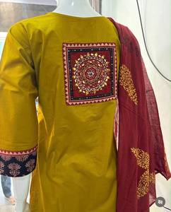 Cotton Embroidered <b>Kurti</b> Pant Set Women Ethnic Straight <b>Indian</b> Pakistani Top and Dupatta Casual All Season - Product Image 3