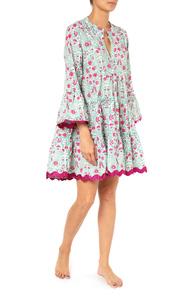 Vestido Bohemio para Mujer, Mangas Anchas, para Toda Ocasión, Estampado Floral en Tonos Aqua y Fucsia, Túnica de Verano con Dobladillo Metálico Rik Rak, Estilo Femenino - Product Image 6