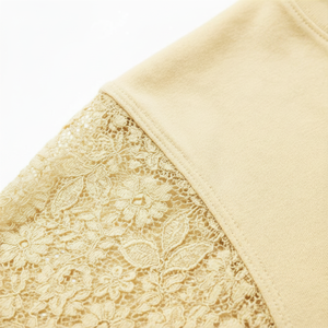 Customized <b>Top</b> Women's Cream Lace Sleeve Short Sleeve T-Shirt Crew Neck Casual Knitted <b>Top</b> Spring Summer Breathable Regular Fit - Product Image 4