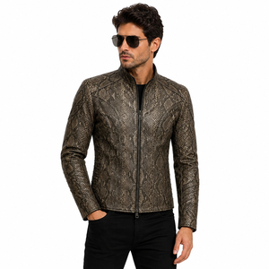 Veste en cuir vintage à motif serpent pour homme, coupe slim, style motard, en cuir de serpent premium, fermeture éclair. - Product Image 5