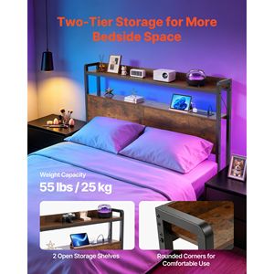 Cabecera de Cama Matrimonial con Luces LED, 2 Estantes de Almacenamiento, 3 Tomas de Corriente y 3 Puertos USB, Estructura Resistente de Acero al Carbono - Product Image 5