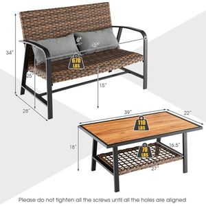 2-Piece Patio Rattan <b>Garden</b> Set Quick Dry Cushion <b>Coffee</b> <b>Table</b> with Shelf - Product Image 1