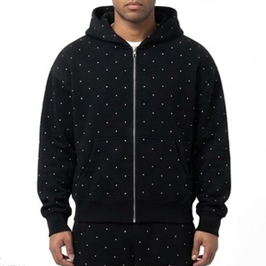 Nouveautés : Survêtement à capuche noir imprimé à pois pour homme avec logo personnalisé, manches longues, fermeture éclair, pantalon décontracté avec poches latérales, idéal pour l'automne - Product Image 3