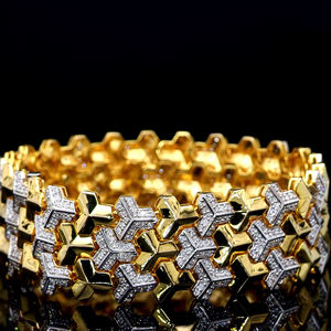Brazalete de lujo de oro amarillo y blanco de 18 quilates con eslabones hexagonales y diamantes cultivados en laboratorio, diseño ancho para compromiso y boda, para mujer. - Product Image 3