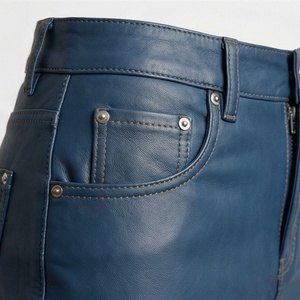 Mini-jupe en cuir bleu pour femme, jupe courte décontractée en similicuir PU, coupe droite, avec bouton - Product Image 5