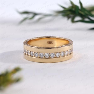 Round Cut Mens Wedding Band Yellow Gold Channel Set Eternity <b>Ring</b> Wide <b>Plain</b> Border Statement Fine Jewelry <b>Ring</b> - Product Image 3