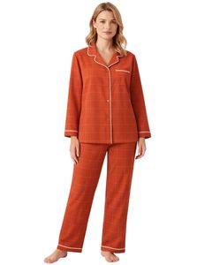 Ensemble de pyjama pour femme à carreaux orange rouille personnalisé, manches longues, boutonné, vêtements de nuit en coton doux, ensemble de vêtements de détente en deux pièces - Product Image 1