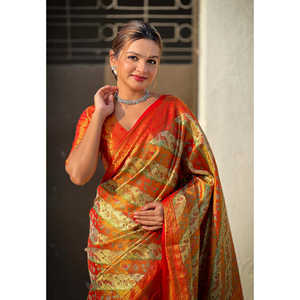 Sari léger en soie Dharmavaram Leheriya tissé avec des fils Zari, rouge, original, de la marque Elite Weaves, vêtements indiens et pakistanais - Shopify - Product Image 5