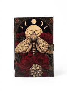 Carnet en spirale en cuir fait main, motif floral vintage, motif papillon et visage de lune - Product Image 3