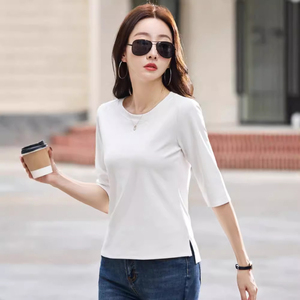 Camiseta de Verano para Mujer, Cuello Redondo, Estilo Coreano, 100% Algodón Jersey, Manga Corta, Color Sólido, Transpirable, Secado Rápido, Ecológica - Product Image 3