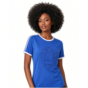 เสื้อยืดพรีเมียมสีน้ำเงินรอยัลสำหรับผู้หญิง Zeta Phi Beta ลายปักนูนสีโทนเดียวกัน คอเสื้อสีขาว แขนเสื้อมีแถบสี ผ้าฝ้ายนุ่ม สวมใส่สบาย - Product Image 3
