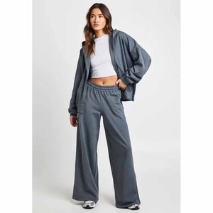 Oversized Hooded Sweatshirt <b>Set</b> Gray French Terry 100% Cotton Unisex Autumn Streetwear Wide Leg Pants Matching Joggers - Product Image 4