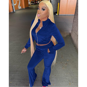 Ensemble deux pièces en velours pour femme, haut court à manches longues et pantalon évasé à taille haute avec fermeture éclair, couleur unie, style streetwear, tenue sexy pour club - Product Image 1