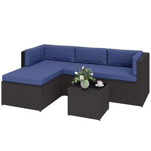 Set di Mobili da Giardino in 3 Pezzi con Telaio in Alluminio, Set Conversazione da Esterno in Vimini con Cuscini e Tavolo con Piano in Vetro, Blu Navy - Product Image 1