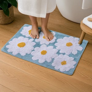 Floral <b>Bath</b> <b>Mat</b> Cotton Tufted Rectangle Non-Slip Rubber Backing Blue White Daisy Pattern Home Use - Product Image 2