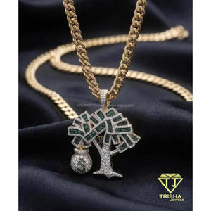 Pendentif Arbre à Monnaie en Argent Sterling 925, Moissanite, Diamant, Pierre Verte, Entièrement Sertie, Bijoux Hip Hop - Product Image 3