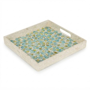 Bandeja Cuadrada de Lujo con Incrustaciones de Madreperla Hecha a Mano, Bandeja de Mosaico de Concha para Servir, Bandeja de Mesa de Centro para Decoración del Hogar y Hoteles al por Mayor - Product Image 1