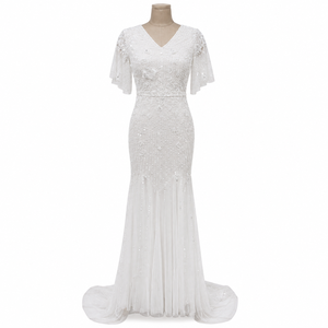 Women's White <b>Sequin</b> Maxi Dress V Neck Embellished Evening Gown Elegant Flutter Sleeve Formal Party Wedding Occasion Flowy Long - Product Image 1