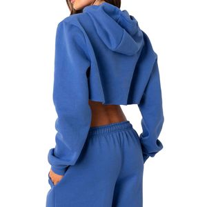 Sudadera corta con capucha para mujer, de color liso, de forro polar, de manga larga, diseño asimétrico, para otoño - Product Image 3