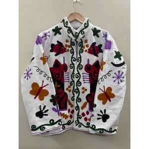 Hand Embroidered Velvet Cotton <b>Jacket</b> <b>Women</b> Mandarin Collar Full Sleeve Autumn Winter Bohemian Eye Pattern Open Front Coat - Product Image 1