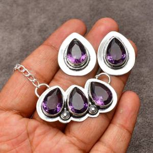 Ensemble de bijoux de luxe en argent sterling 925, collier et boucles d'oreilles en améthyste naturelle taille goutte d'eau pour femme, bijoux de mariage - Product Image 1
