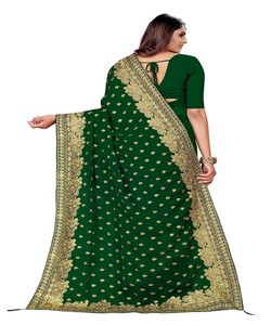 Sari de seda verde con bordado dorado para fiestas de boda, ropa tradicional india y pakistaní para mujer, listo para enviar. - Product Image 3