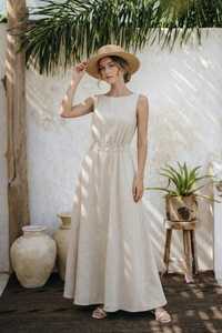 Women Linen Maxi <b>Dress</b> Sleeveless Backless <b>Elastic</b> Waist A-Line Summer Plain Dyed Natural Washable Minimalist Beige Casual - Product Image 2