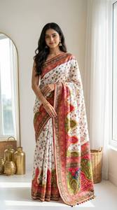 Sari de Seda Viscosa Pura con Bordado Meenakari y Zari, Borde Floral, Traje Tradicional Indio para Bodas y Fiestas, Largo hasta el Suelo para Mujer - Product Image 2