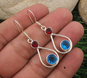 Pendientes de Plata de Ley 925 con Topacio Azul Natural y Granate, Joyería de Lujo con Piedras Preciosas Multicolores, Regalo para Mujer - Product Image 5