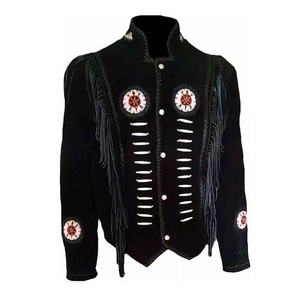 <b>Men</b> Vintage <b>Leather</b> <b>Jacket</b> With Embroidery Fringe Mandarin Collar Slim Fit Winter Wear - Product Image 1