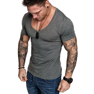Men's Gray V-Neck Short Sleeve T-Shirt Breathable Cotton Fit Top Casual Wear - Product Image 1