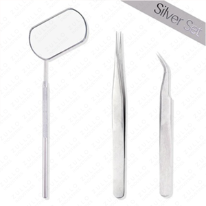 <b>Handheld</b> Eyelash Extension <b>Mirror</b> with Stainless Steel Tweezers Set Silver Color Custom Packaging Professional Lash Tools - Product Image 3