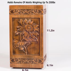 Urna Funeraria de Madera Hecha a Mano para Mascotas, Diseño Rectangular Tallado con Girasol, Duradera para Cenizas Humanas, Urna Masculina/Femenina con Girasol - Product Image 4