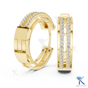 Boucles d'oreilles créoles Huggie à double rangée pavée de diamants CVD HPHT de laboratoire, motif ajouré, en or massif 14K, bijoux fins pour femme, pour mariage - Product Image 1
