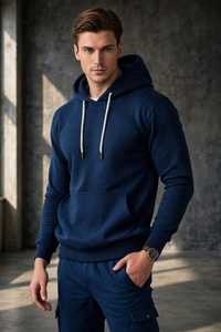 <b>Men's</b> <b>Navy</b> Blue Solid Embroidered Hooded Cotton <b>Fleece</b> Sweatshirt Casual Pullover with Front Pocket - Product Image 6