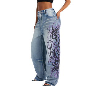 Jean en denim pour femme, taille mi-haute, coupe large, ample, décontracté, respirant, été, bleu délavé, imprimé graphique, style streetwear - Product Image 5