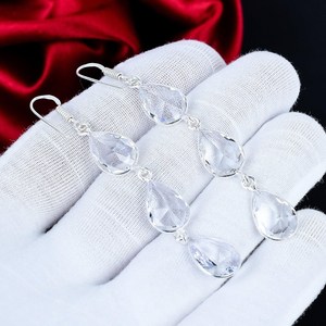 White Topaz Pear Cut 925 Sterling <b>Silver</b> <b>Long</b> Dangle <b>Earrings</b> Handmade Gemstone Jewelry - Product Image 5