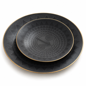 Platos de Cena Geométricos Negros con Borde Dorado, Juego de Vajilla Moderna de Lujo con Patrón Texturizado para una Cena Elegante |   Juegos de Platos Premium - Product Image 1
