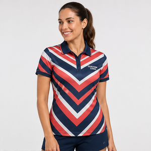 Polo à manches courtes pour femme avec logo personnalisé, rouge, blanc, bleu foncé, chevron, séchage rapide, sublimation, vêtements de sport pour le golf - Product Image 3