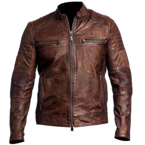 Men's Genuine Leather Motorcycle Jacket Stand Collar Zipper Closure Moto Style Autumn Slim Fit Brown - Product Image 1